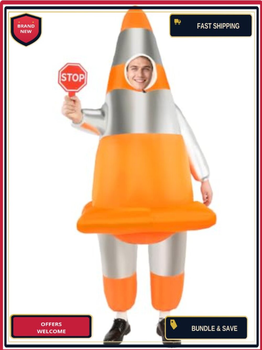 Inflatable Traffic Cone Costume Adult Funny Blow Up Suit Halloween Party